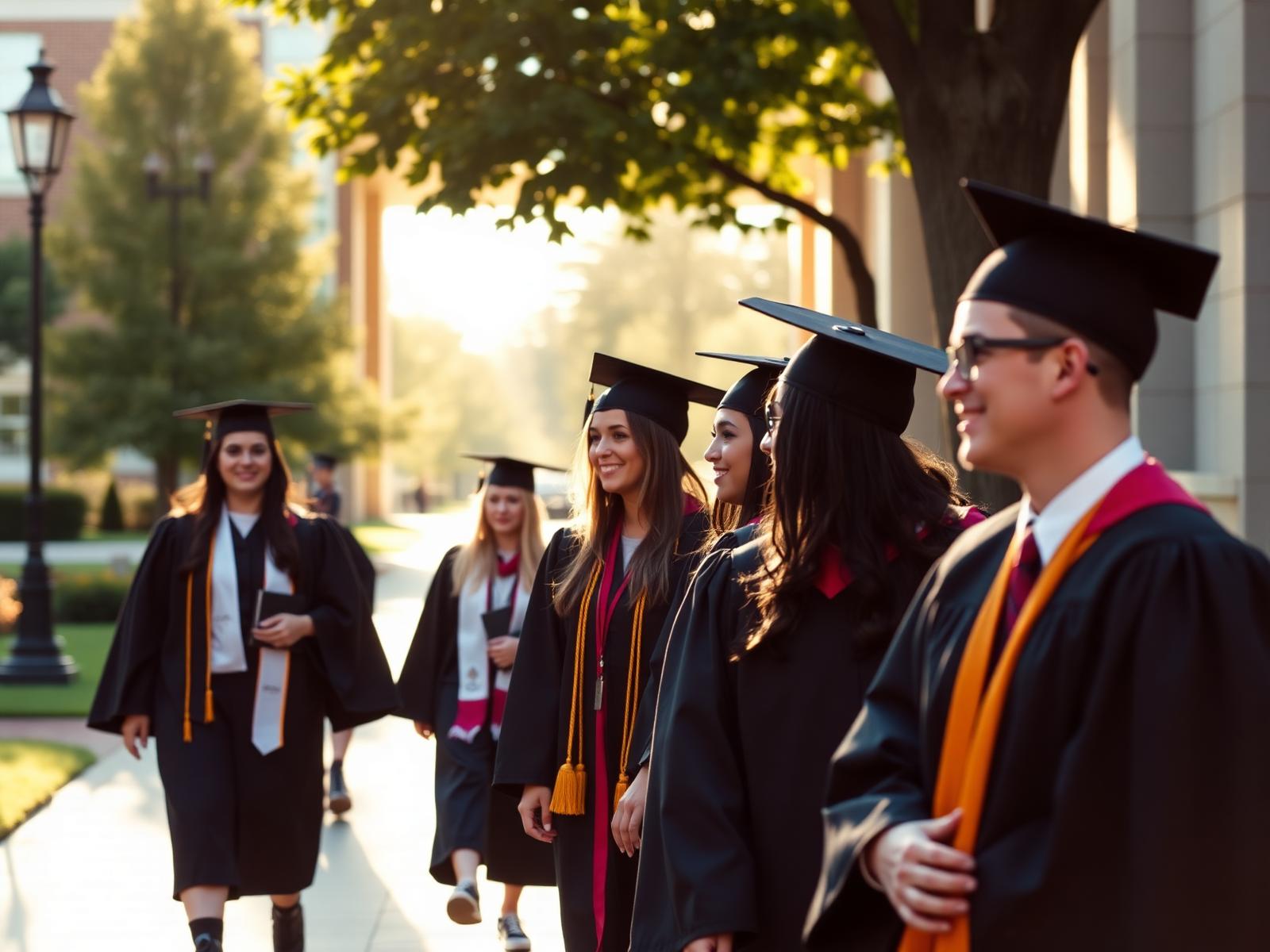 Canadian university graduates walking together at commencement